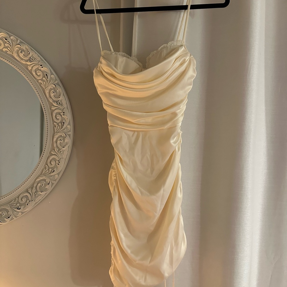 Oh polly ruched white dress with lace detail on bust